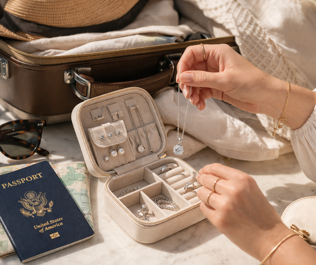 Open ivory travel jewelry case being packed with sterling silver pieces beside a suitcase, passport, sunglasses, and travel essentials in a warm editorial travel scene.