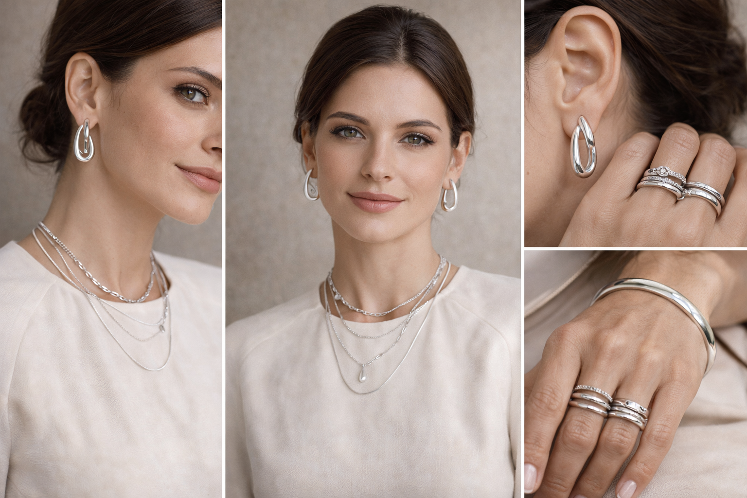Editorial collage of a woman in a modest high-neck ivory top wearing layered 925 sterling silver necklaces, sculptural silver earrings, stacked rings, and a sleek cuff bracelet against a soft neutral background