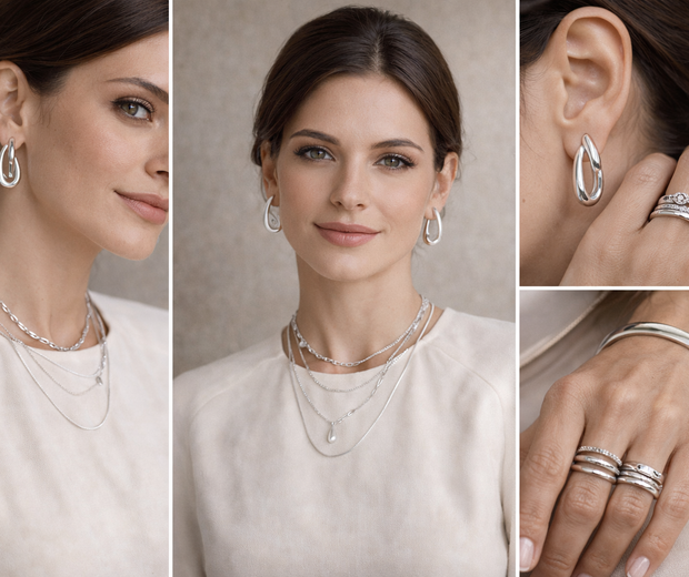 Editorial collage of a woman in a modest high-neck ivory top wearing layered 925 sterling silver necklaces, sculptural silver earrings, stacked rings, and a sleek cuff bracelet against a soft neutral background