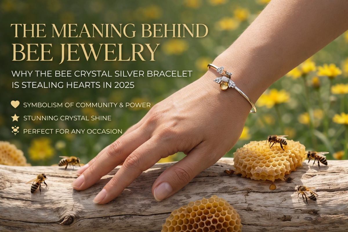 925 sterling silver bee bracelet on a woman’s hand with honeycomb and bees in warm natural light.