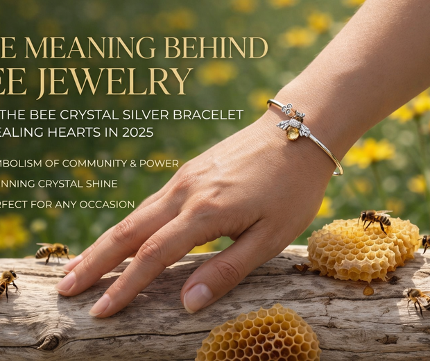 925 sterling silver bee bracelet on a woman’s hand with honeycomb and bees in warm natural light.