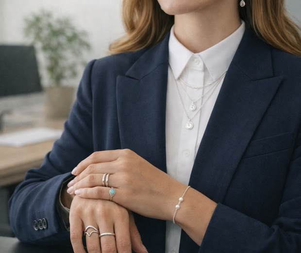 Professional woman in a formal navy blazer and fully buttoned white shirt wearing layered sterling silver necklaces, rings, pearl bracelet, and drop earrings in a modern office setting.