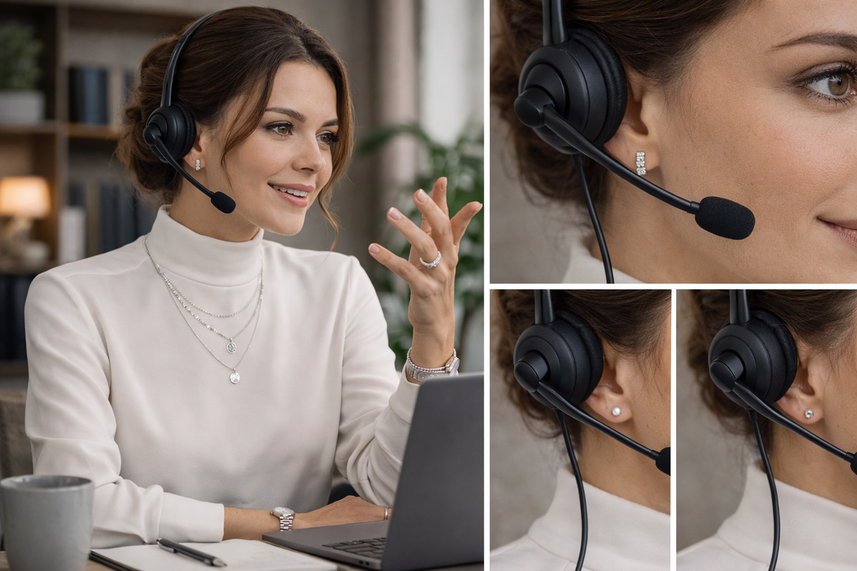 Professional woman in a modest high-neck ivory top wearing a black work headset and small silver earrings during a Zoom call, shown in an editorial collage with realistic close-ups of headset-friendly jewelry.