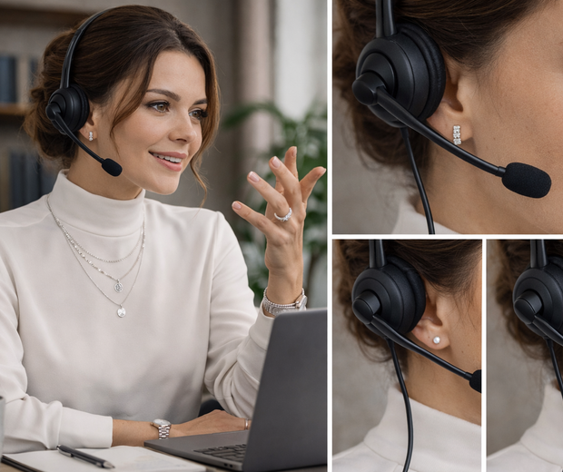 Professional woman in a modest high-neck ivory top wearing a black work headset and small silver earrings during a Zoom call, shown in an editorial collage with realistic close-ups of headset-friendly jewelry.