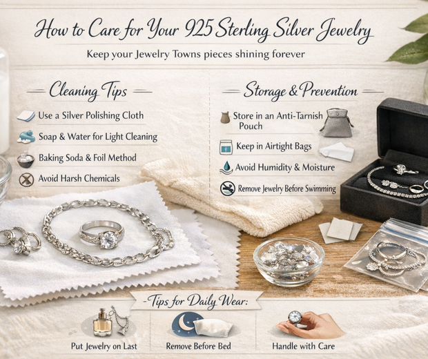 How to clean and store 925 sterling silver jewelry, showing proper cleaning methods, anti-tarnish storage, and daily care tips for lasting shine