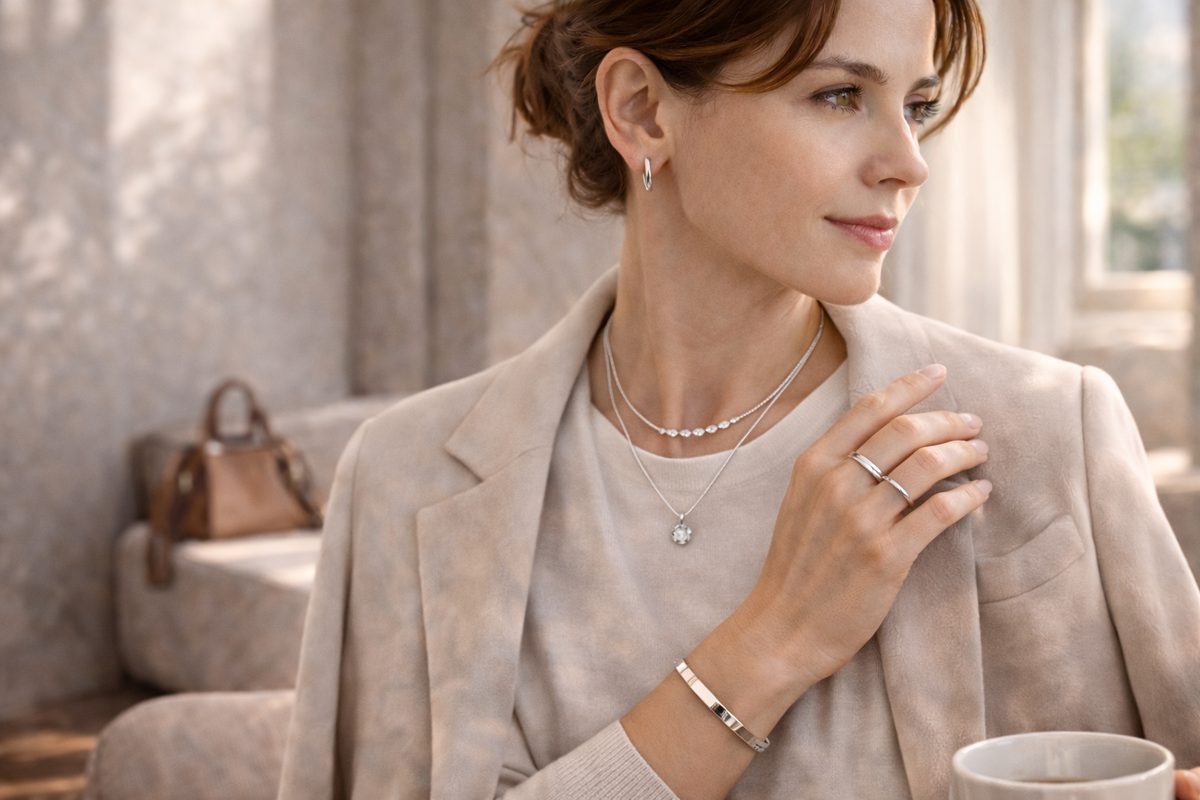Elegant woman in a cream blazer wearing modern sterling silver earrings, layered necklaces, ring, and bracelet in a refined office setting with a laptop, coffee cup, and handbag.