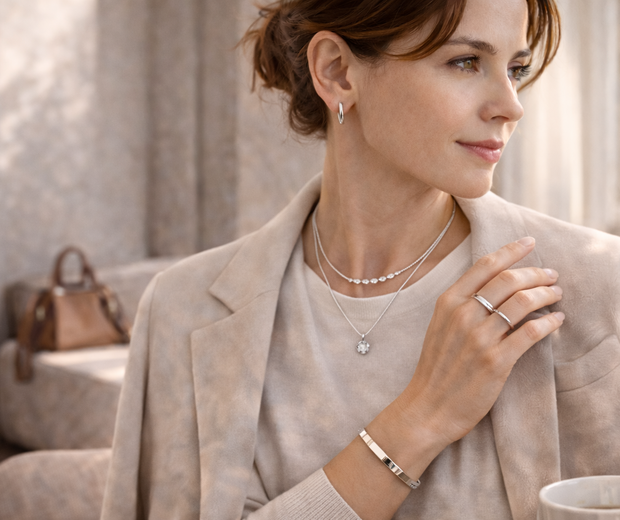 Elegant woman in a cream blazer wearing modern sterling silver earrings, layered necklaces, ring, and bracelet in a refined office setting with a laptop, coffee cup, and handbag.