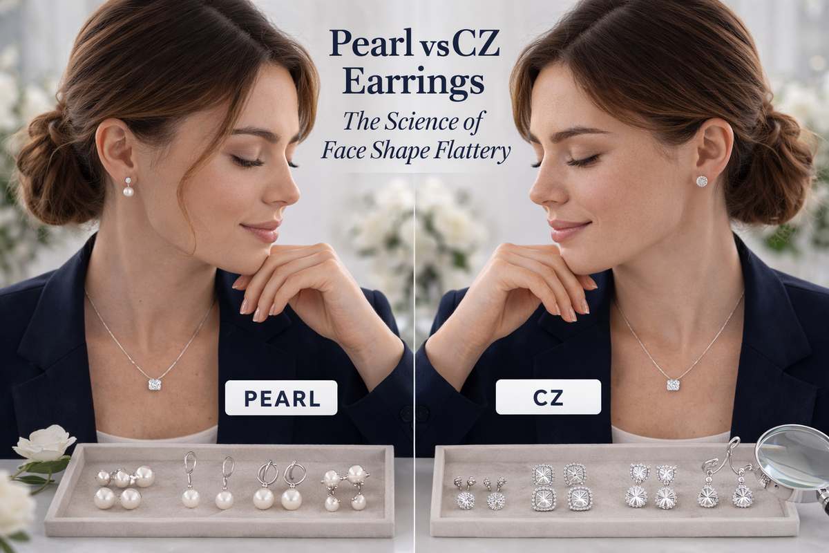 Side-by-side editorial comparison of pearl and CZ earrings on the same woman, showing how soft pearl drop earrings and sparkling CZ studs create different visual effects on facial balance and feature definition.