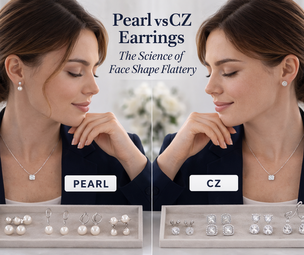 Side-by-side editorial comparison of pearl and CZ earrings on the same woman, showing how soft pearl drop earrings and sparkling CZ studs create different visual effects on facial balance and feature definition.