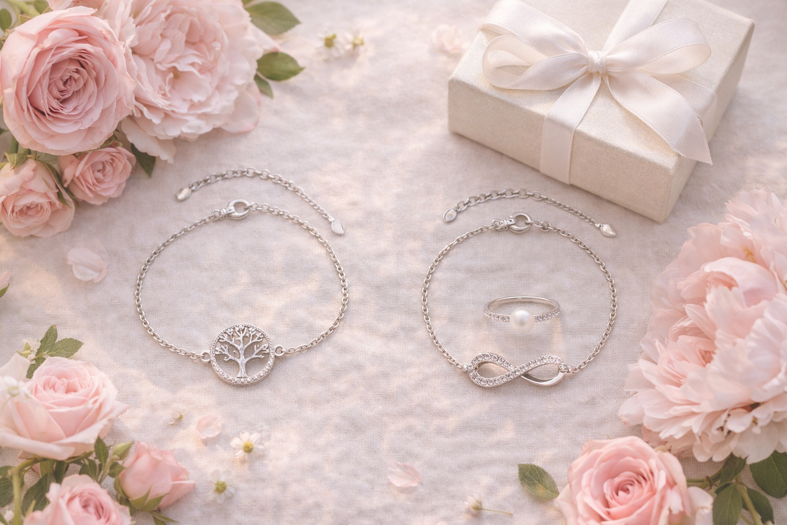 925 sterling silver tree of life bracelet, infinity love bracelet with CZ stones, and delicate pearl ring styled with pink roses, soft peonies, green leaves, and an elegant white-ribbon gift box in warm natural light
