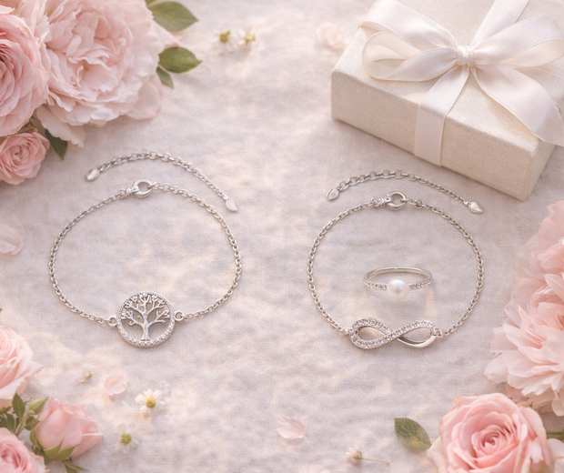 925 sterling silver tree of life bracelet, infinity love bracelet with CZ stones, and delicate pearl ring styled with pink roses, soft peonies, green leaves, and an elegant white-ribbon gift box in warm natural light