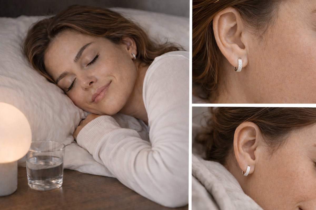Woman peacefully sleeping on a pillow while wearing silver huggie earrings, shown in a warm editorial collage with a close-up of the earring and a realistic bedtime lifestyle detail.