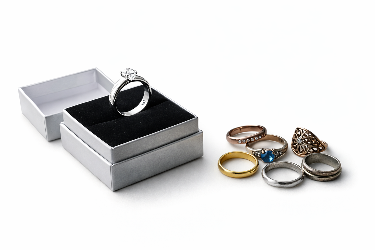925 sterling silver solitaire ring in an open jewelry box beside a mixed group of rings on a clean background.