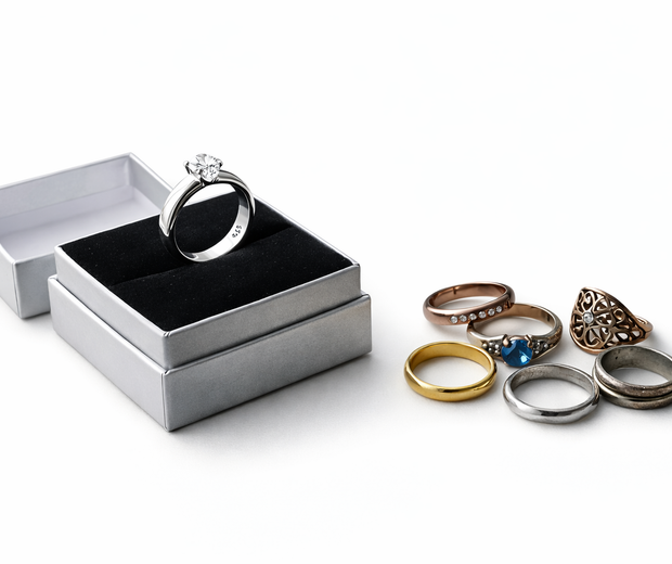 925 sterling silver solitaire ring in an open jewelry box beside a mixed group of rings on a clean background.
