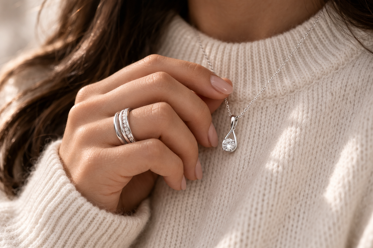 Close-up lifestyle photo of a woman in a cream high-neck sweater gently holding a 925 sterling silver pendant necklace, with stacked silver rings on her finger, warm natural light, and a soft elegant mood.