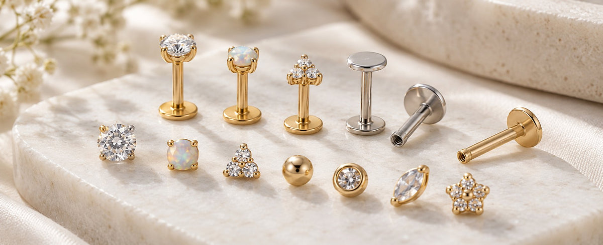 Flat back labret earrings in different styles and post lengths for Jewelry Towns guide