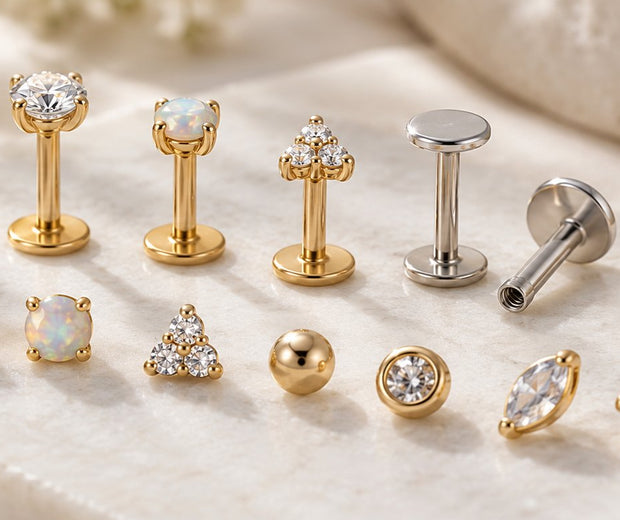 Flat back labret earrings in different styles and post lengths for Jewelry Towns guide