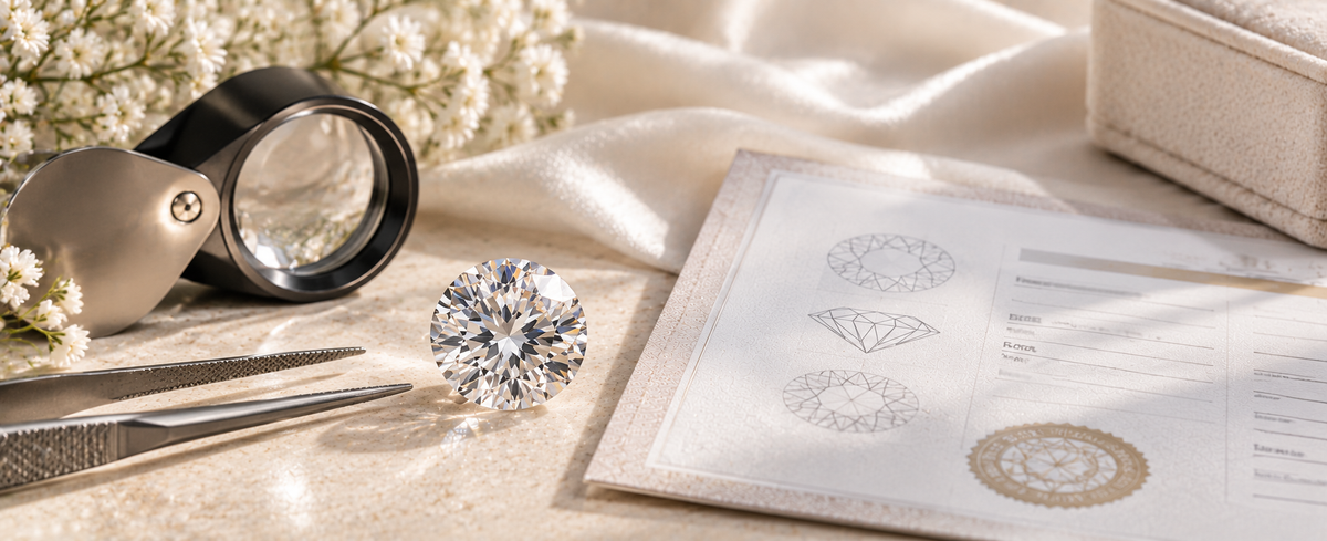 Moissanite gemstone beside gem grading report, loupe and tweezers for Jewelry Towns GRA certificate guide