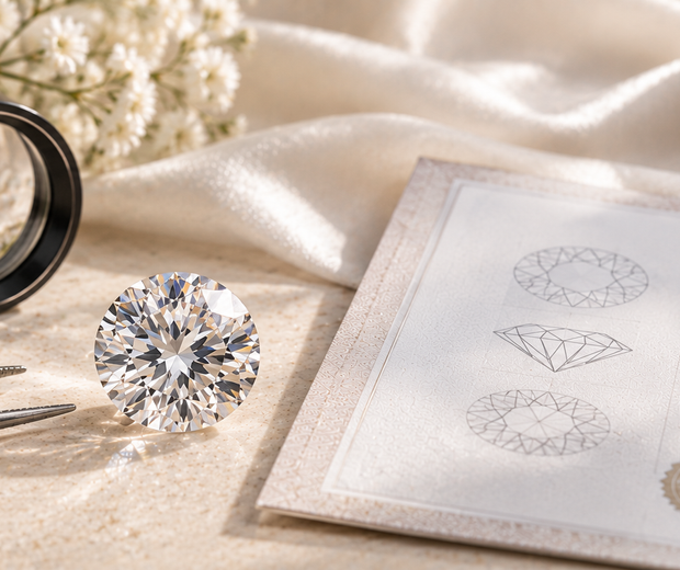 Moissanite gemstone beside gem grading report, loupe and tweezers for Jewelry Towns GRA certificate guide