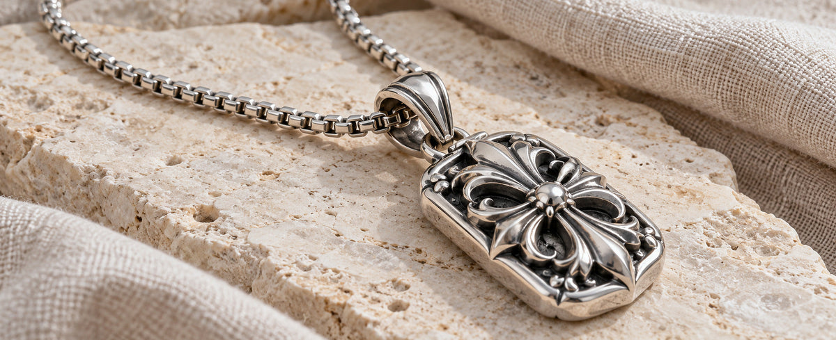 Heavy sterling silver pendant supported by a strong box chain for Jewelry Towns guide