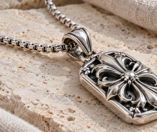 Heavy sterling silver pendant supported by a strong box chain for Jewelry Towns guide