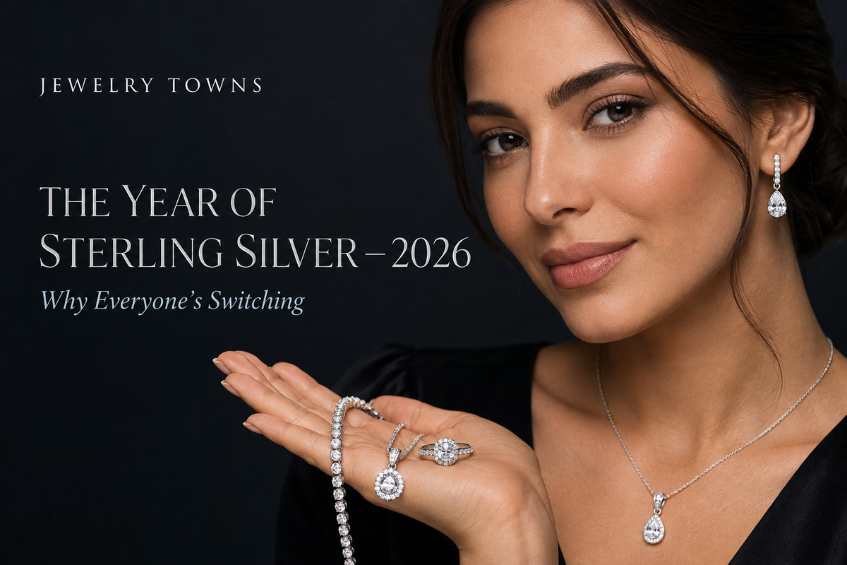 Model wearing popular 925 sterling silver jewelry for Jewelry Towns’ 2026 sterling silver trend guide
