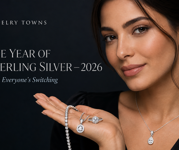 Model wearing popular 925 sterling silver jewelry for Jewelry Towns’ 2026 sterling silver trend guide