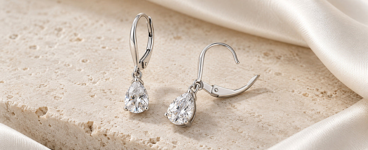 Sterling silver leverback drop earrings showing open and closed clasps for Jewelry Towns guide