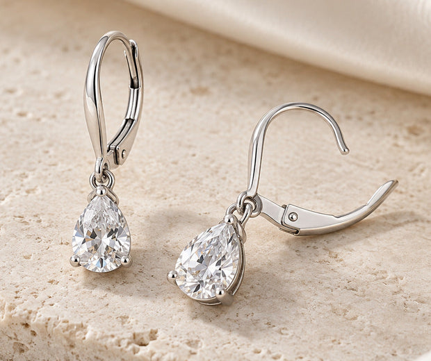 Sterling silver leverback drop earrings showing open and closed clasps for Jewelry Towns guide