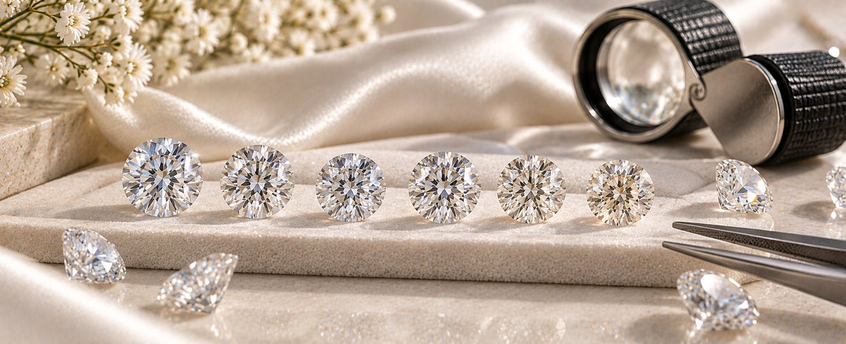 Colorless to near-colorless moissanite gemstones with jeweler loupe and tweezers for Jewelry Towns color and clarity guide