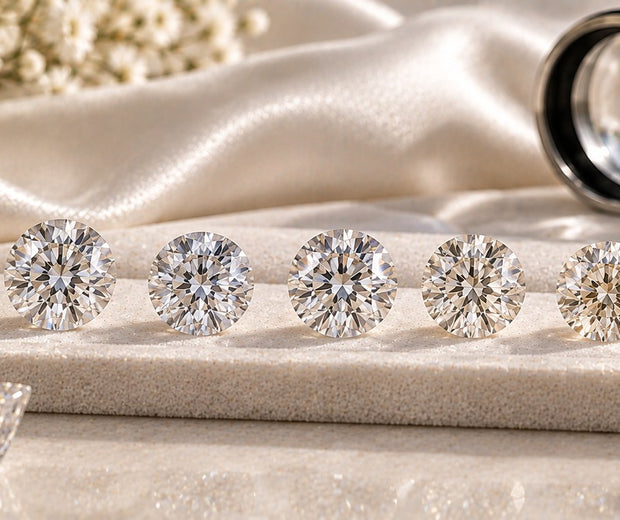 Colorless to near-colorless moissanite gemstones with jeweler loupe and tweezers for Jewelry Towns color and clarity guide