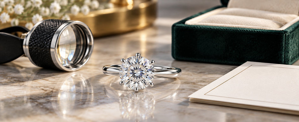 Round moissanite engagement ring beside a jeweler loupe for Jewelry Towns buying guide