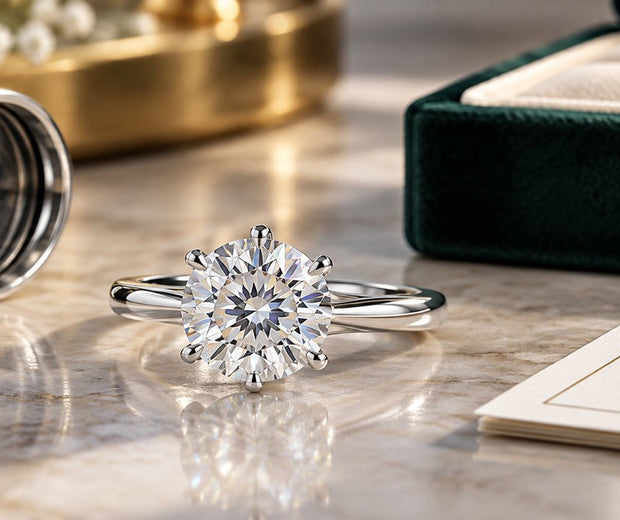Round moissanite engagement ring beside a jeweler loupe for Jewelry Towns buying guide