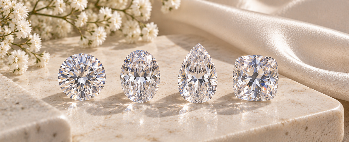 Round oval pear and cushion moissanite cuts arranged side by side for Jewelry Towns moissanite size chart