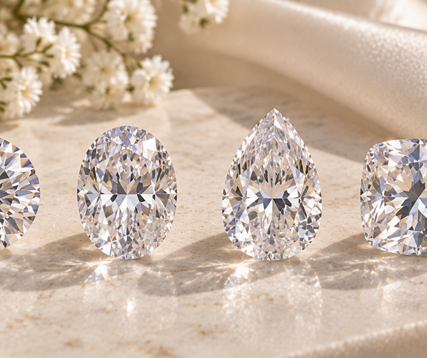 Round oval pear and cushion moissanite cuts arranged side by side for Jewelry Towns moissanite size chart