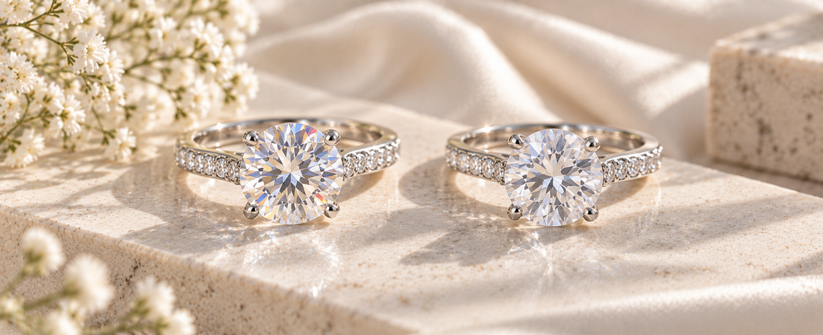 Moissanite and cubic zirconia solitaire rings compared side by side for Jewelry Towns gemstone guide