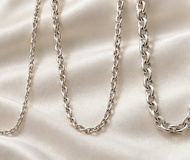 Five sterling silver necklace chains arranged from fine to bold for Jewelry Towns thickness guide