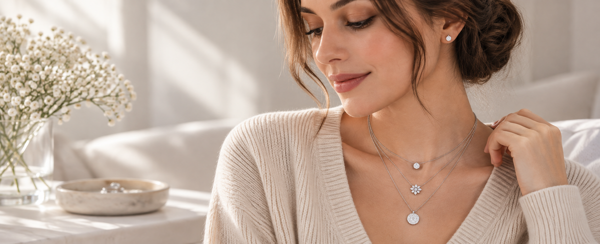 Modest woman wearing layered 925 sterling silver necklaces at different lengths for Jewelry Towns necklace length guide