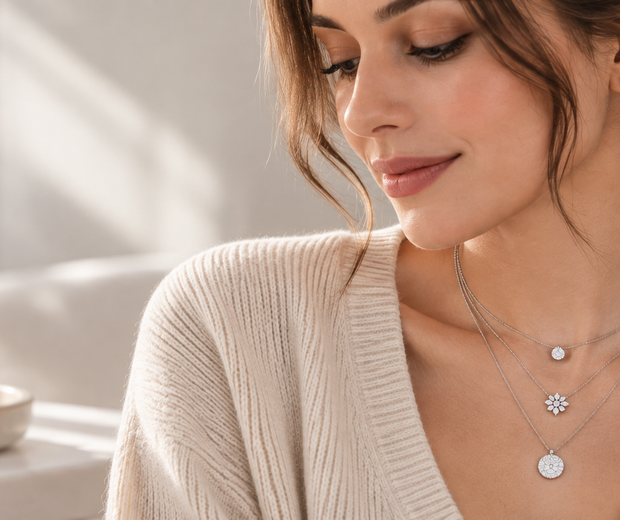 Modest woman wearing layered 925 sterling silver necklaces at different lengths for Jewelry Towns necklace length guide