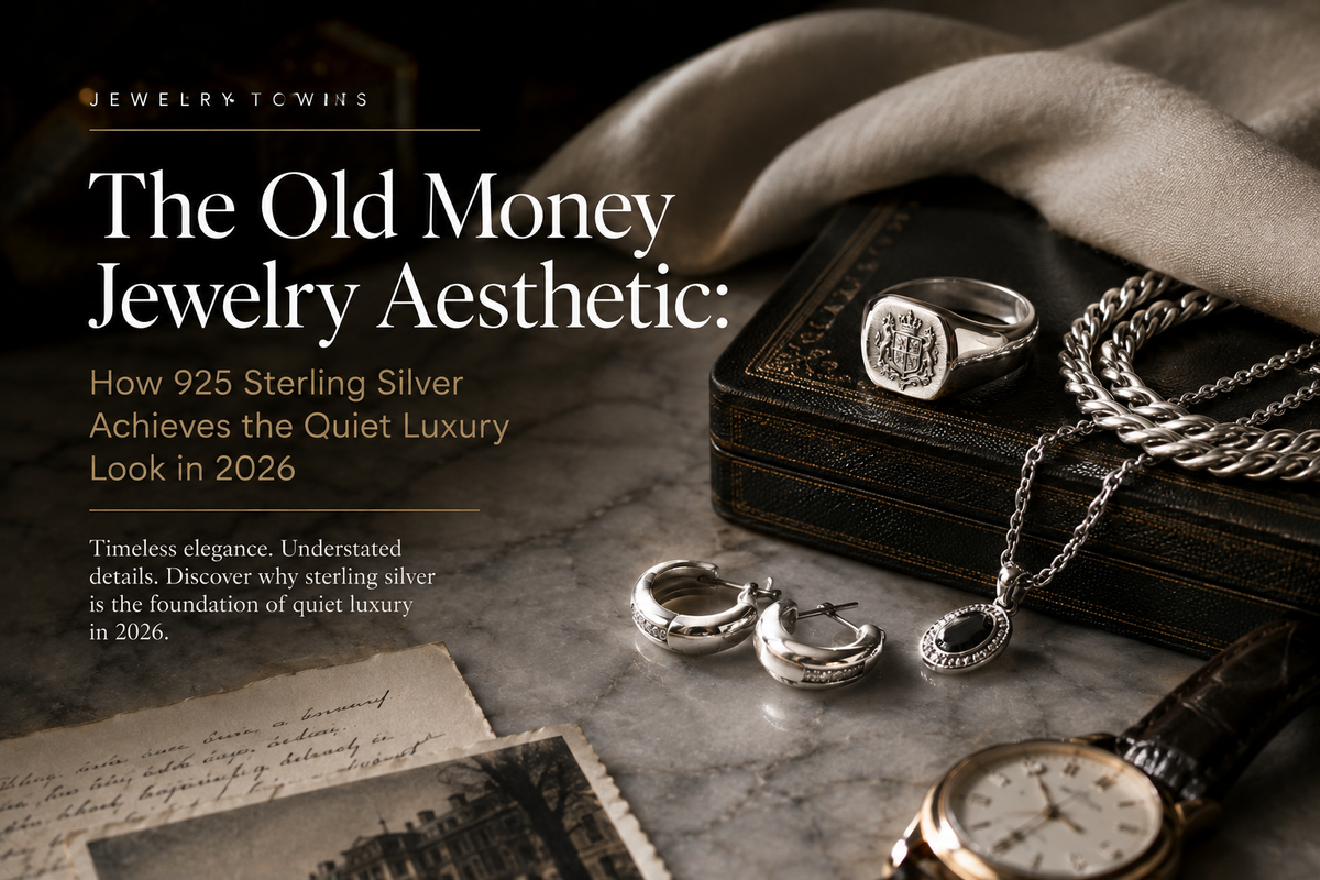 925 sterling silver old money jewelry aesthetic with signet ring, necklace and earrings styled in a quiet luxury editorial setting