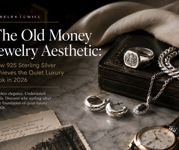 925 sterling silver old money jewelry aesthetic with signet ring, necklace and earrings styled in a quiet luxury editorial setting