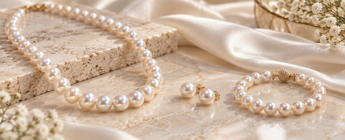 Pearl necklace earrings and bracelet arranged on marble for Jewelry Towns pearl jewelry guide