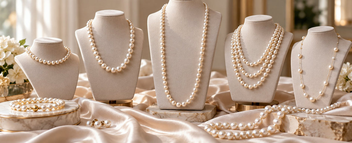 Pearl necklaces in different lengths displayed on stands for Jewelry Towns necklace guide