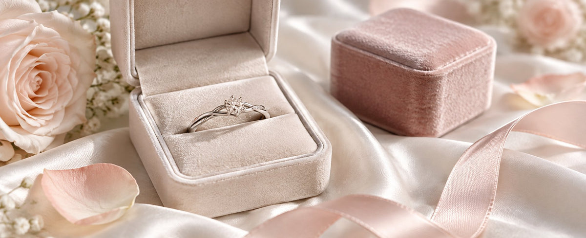 Promise ring in a blush velvet box for Jewelry Towns promise ring guide