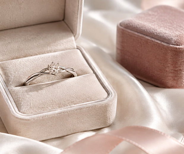 Promise ring in a blush velvet box for Jewelry Towns promise ring guide