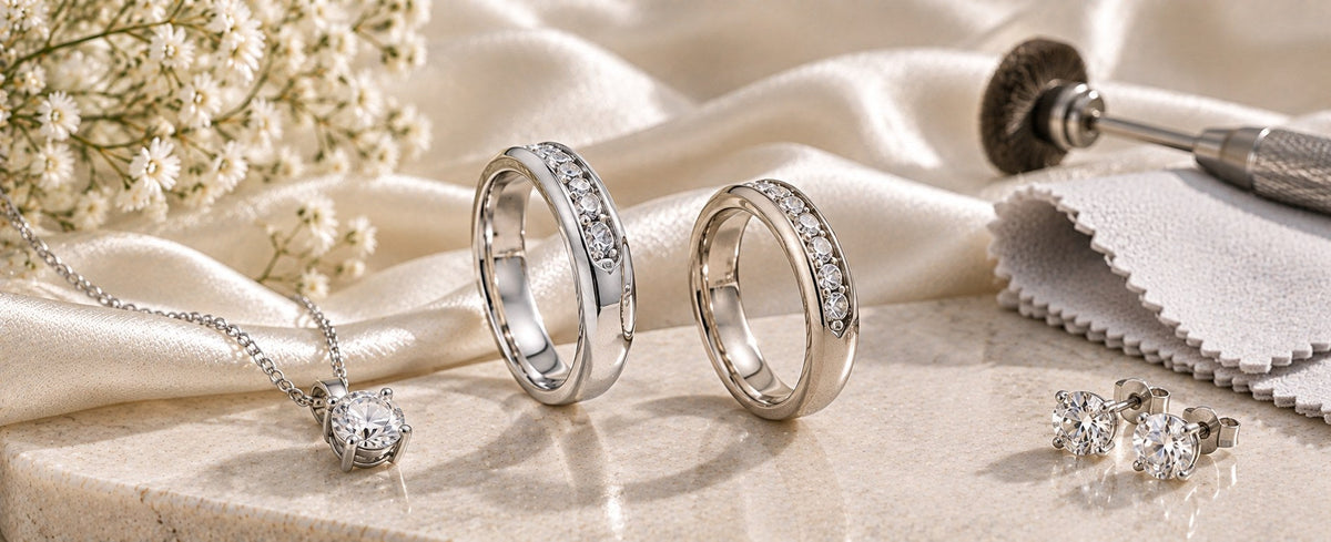 Rhodium-plated 925 sterling silver jewelry with polishing cloth for Jewelry Towns rhodium plating guide