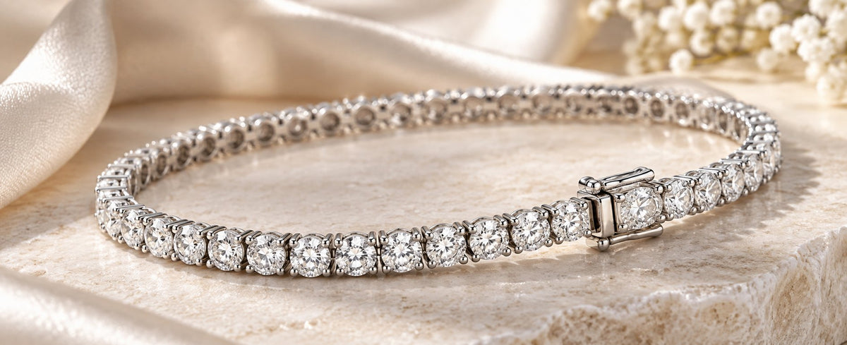 Tennis bracelet with round stones on marble for Jewelry Towns tennis bracelet guide