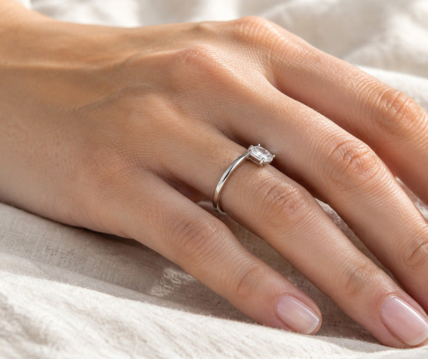 Sterling silver solitaire ring rotated sideways on the finger for Jewelry Towns ring fit guide