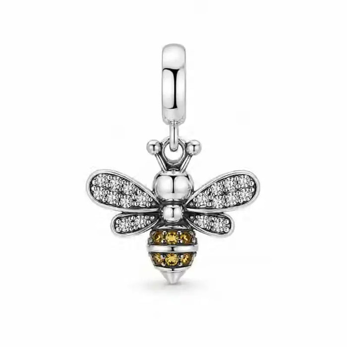 Front view of Jewelry Towns 925 sterling silver bee charm with clear and amber zircon accents
