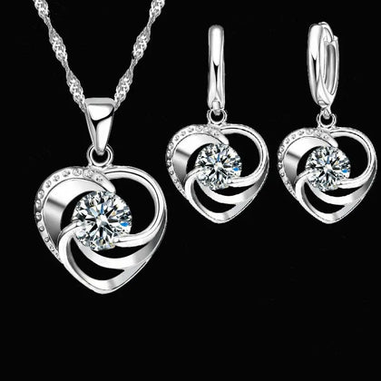 925 sterling silver heart pendant necklace and earring set